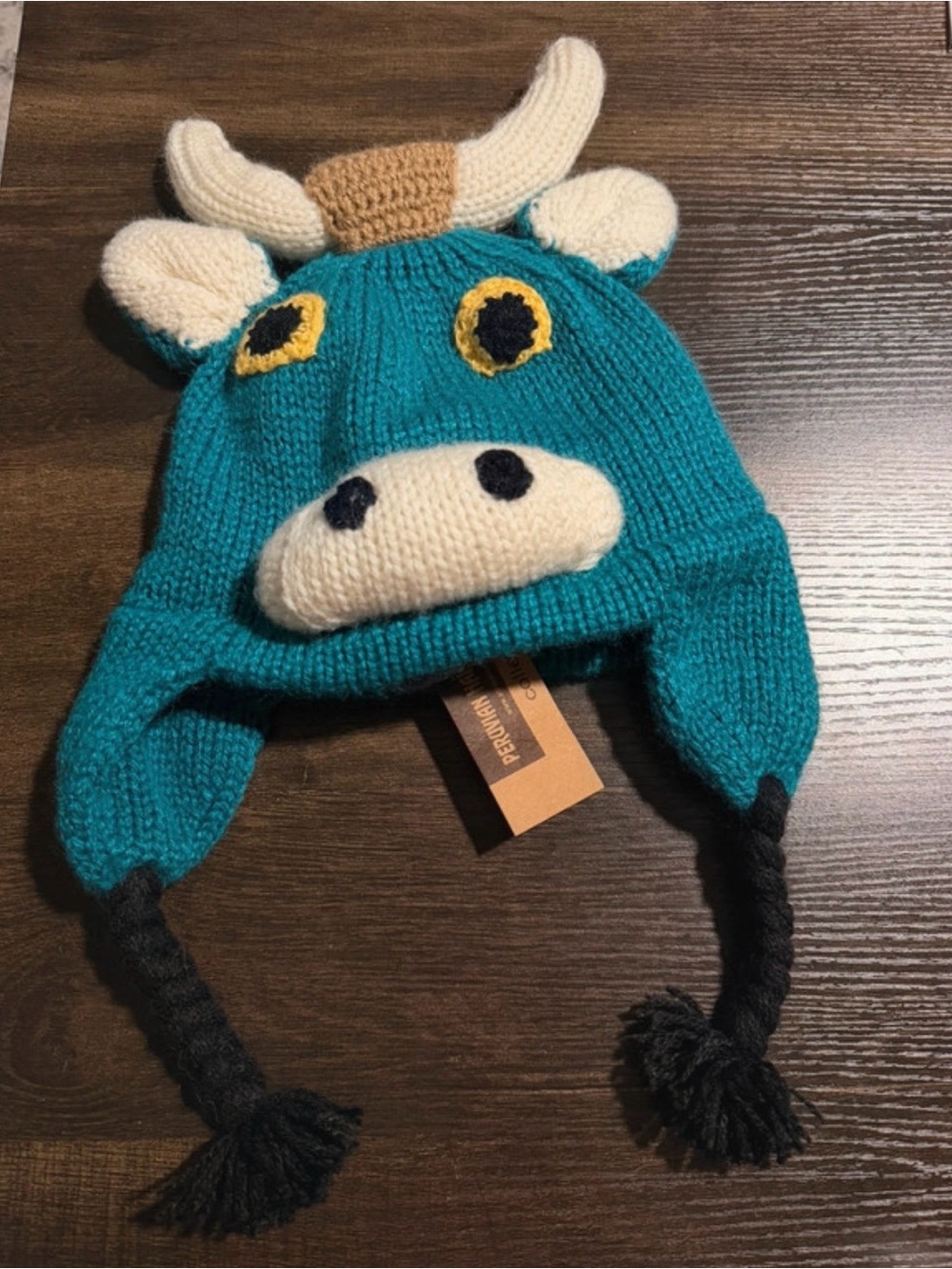 Kids Teal Cow Knit Earflap Hat with Cream & Black Details